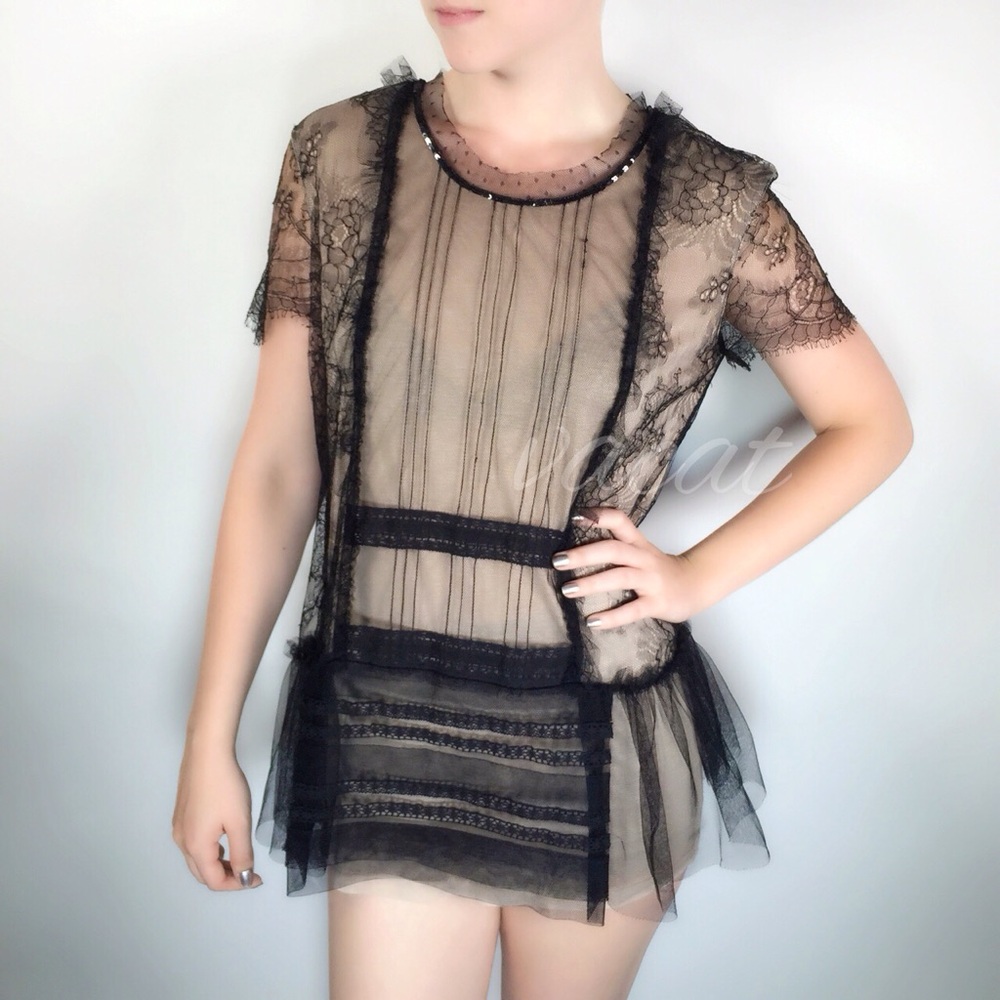 Valentino Black and Tan Sheer Ruffled Blouse